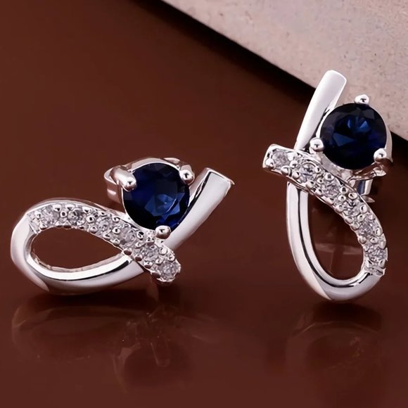 Fine Silver Jewelry - Small & Cute Sapphire and Loop Stud Earrings, 925 Sterling Silver
